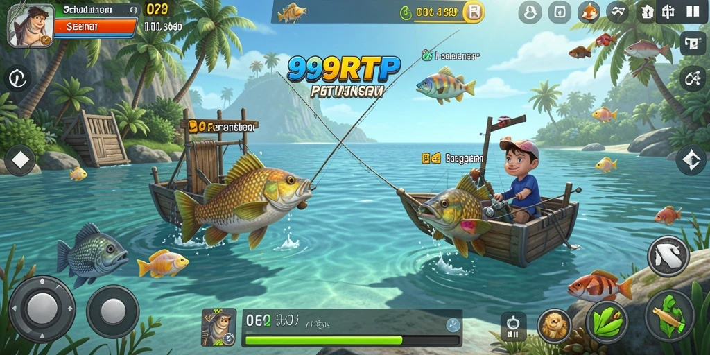 Screenshot utama 99RTP menunjukkan aksi seru memancing di laut yang indah.