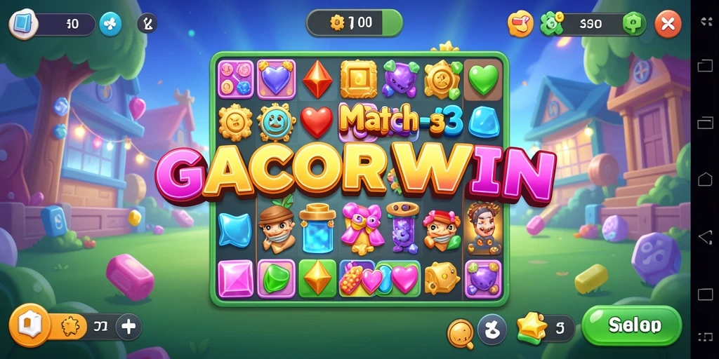 Tampilan gameplay seru di GACORWIN dengan berbagai tantangan Match-3.
