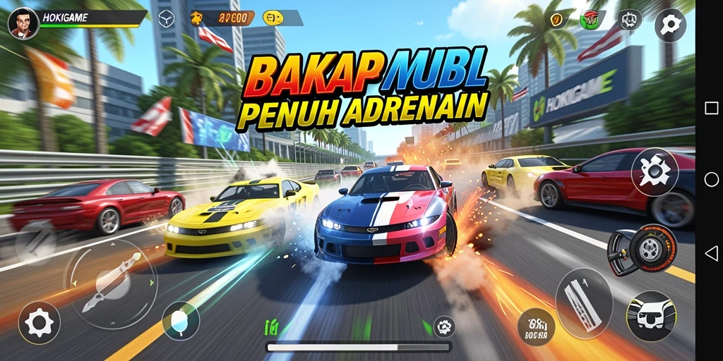 Tangkapan layar HOKIGAME menampilkan balapan mobil yang mendebarkan di trek yang berliku.