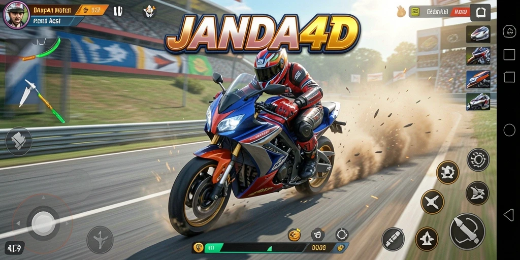Gameplay JANDA4D dengan aksi balap motor yang mendebarkan.