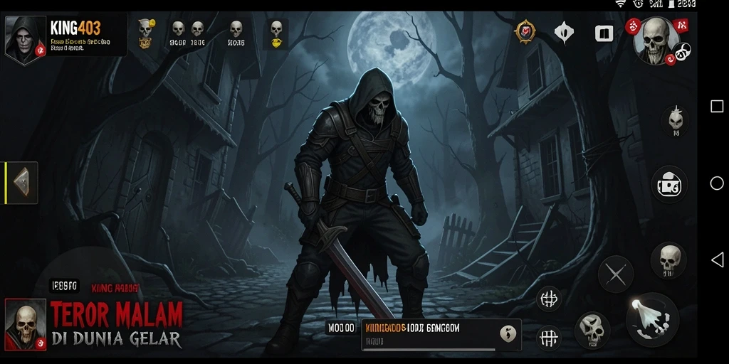 Screenshot gameplay KING403 menampilkan suasana mencekam di dunia gelap.