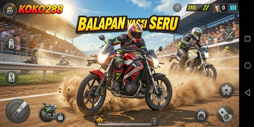 Tangkapan layar KOKO288 menampilkan aksi balapan motor yang cepat dan mendebarkan.
