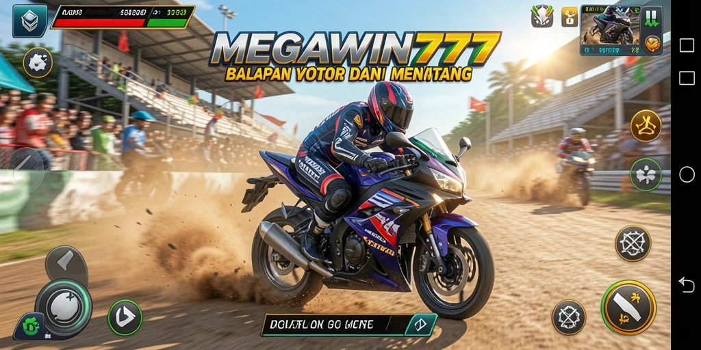 Tangkapan layar menunjukkan aksi balapan motor yang seru dalam MEGAWIN777.