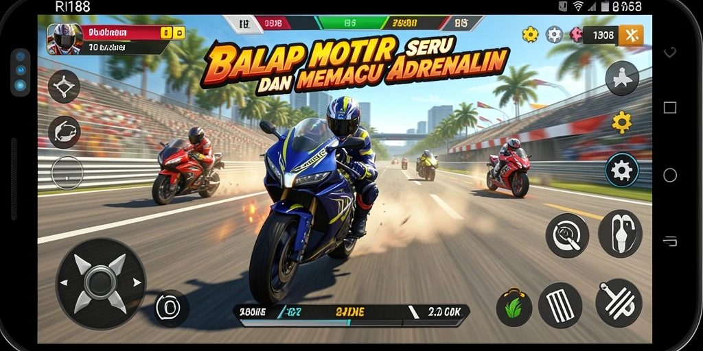Screenshot gameplay RI188 menampilkan aksi balap motor yang mendebarkan.