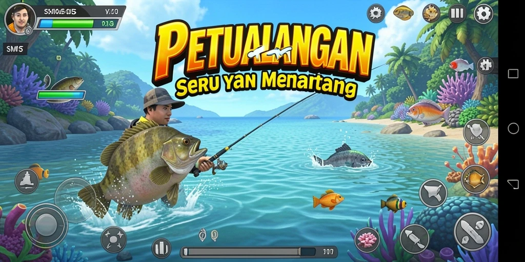 Screenshot gameplay SM605 yang menunjukkan aksi memancing yang mendebarkan.