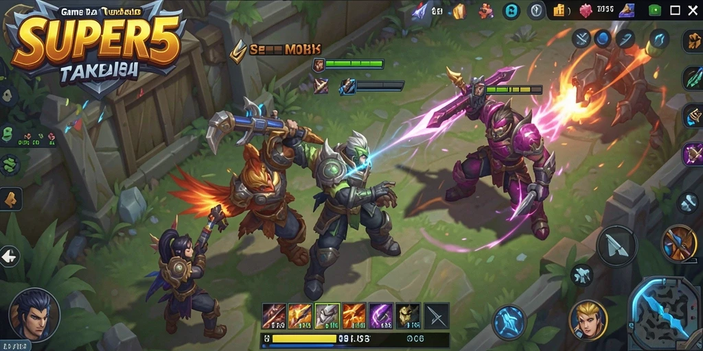 Tampilan seru pertarungan tim dalam SUPER5 MOBA.