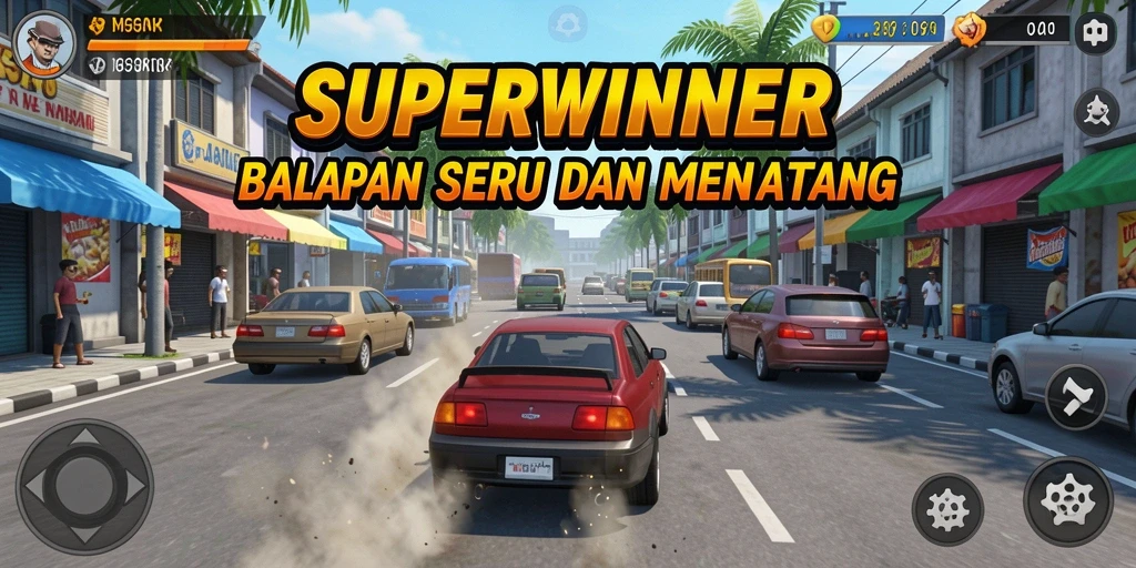 Gameplay SUPERWINNER yang mendebarkan dan penuh aksi balapan.