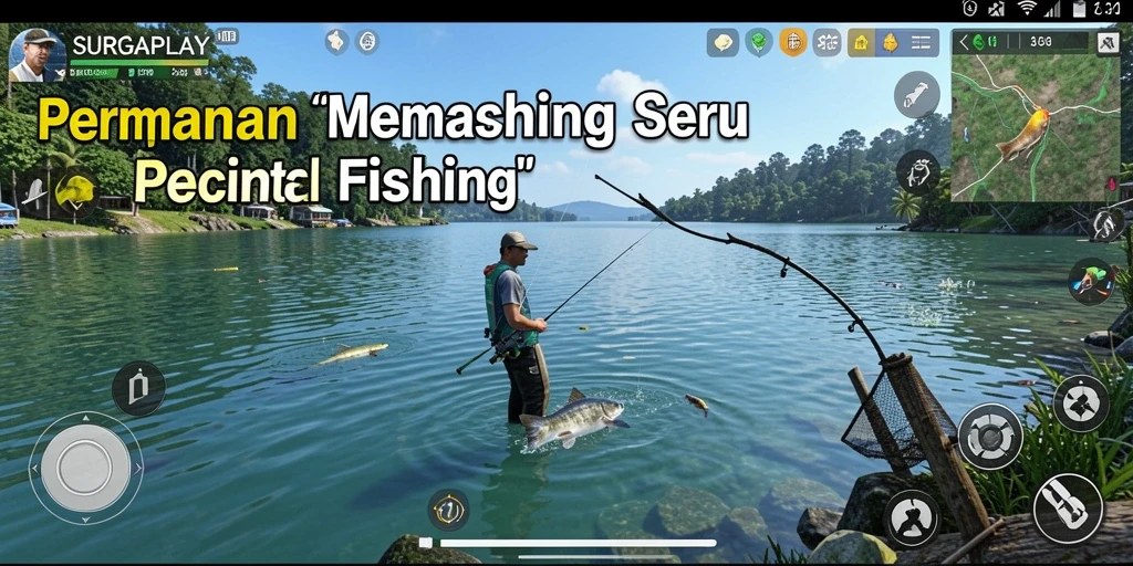 Screenshot gameplay SURGAPLAY menampilkan aktivitas memancing yang seru.